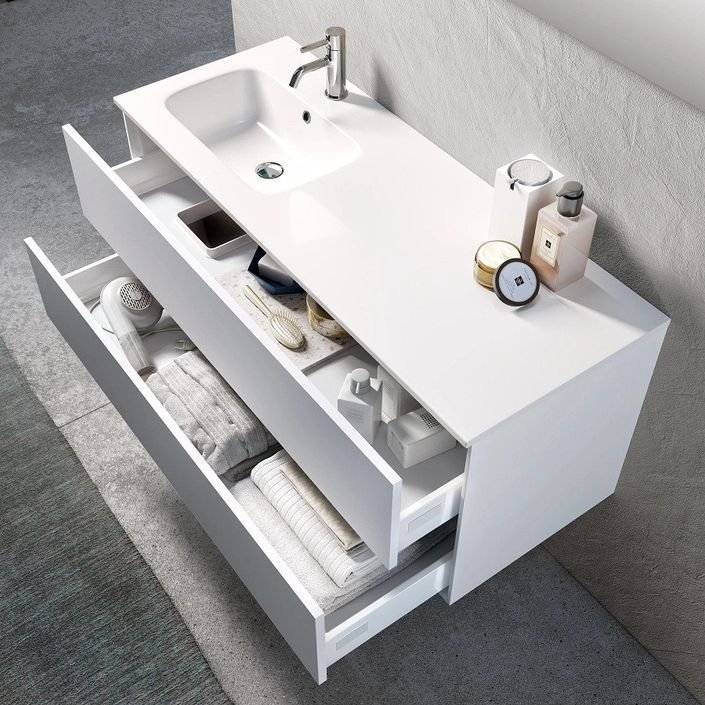 Ensemble meuble de salle de bain 2 tiroirs laqué blanc et miroir à LED Goa L 120 cm - Photo n°2