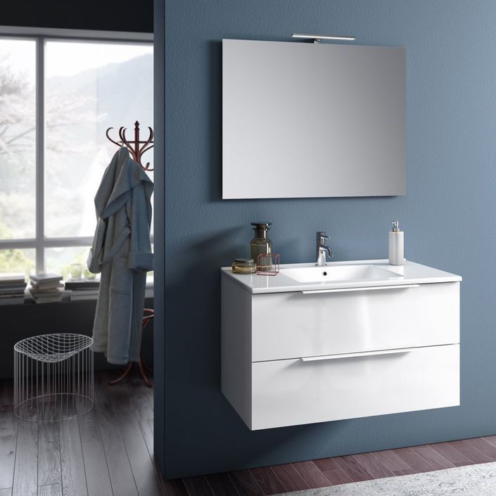 Ensemble meuble de salle de bain 2 tiroirs laqué blanc et miroir à LED Mola L 90 cm - Photo n°1