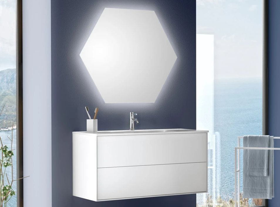 Ensemble meuble de salle de bain 2 tiroirs laqué blanc et miroir lumineux Lago L 100 cm - Photo n°1