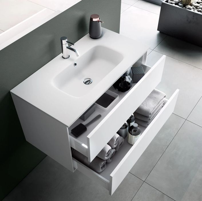 Ensemble meuble de salle de bain 2 tiroirs laqué blanc et miroir lumineux Lago L 120 cm 2 - Photo n°3