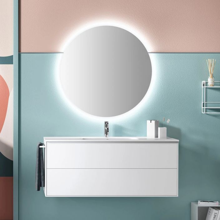 Ensemble meuble de salle de bain 2 tiroirs laqué blanc et miroir lumineux Lago L 120 cm - Photo n°1