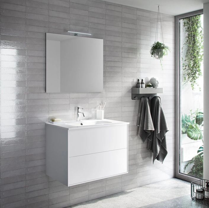 Ensemble meuble de salle de bain 2 tiroirs laqué blanc et miroir lumineux Lago L 60 cm - Photo n°1