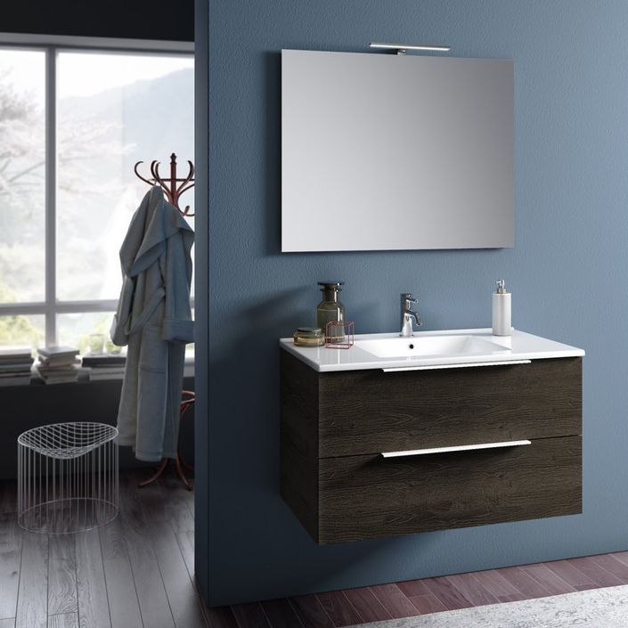 Ensemble meuble de salle de bain 2 tiroirs marron et miroir à LED Mola L 90 cm - Photo n°1