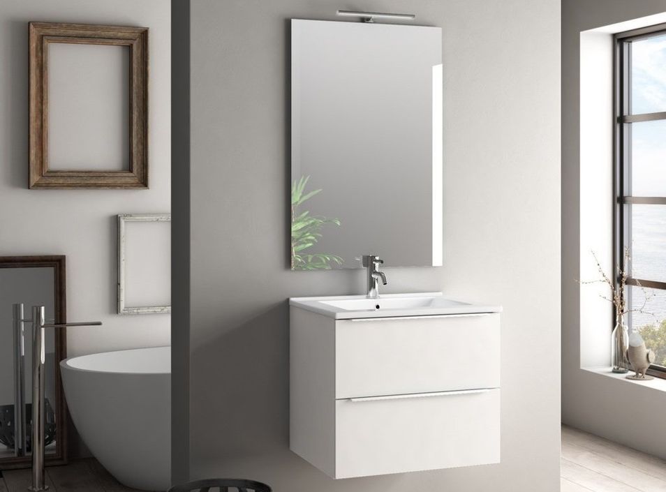 Ensemble meuble de salle de bain 2 tiroirs mélaminé blanc et miroir lumineux Malo L 60 cm - Photo n°1