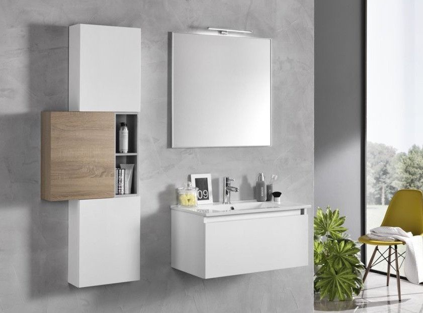 Ensemble meuble de salle de bain 3 armoires laqué blanc et bois clair avec vasque et miroir lumineux Teph L 70 cm - Photo n°1