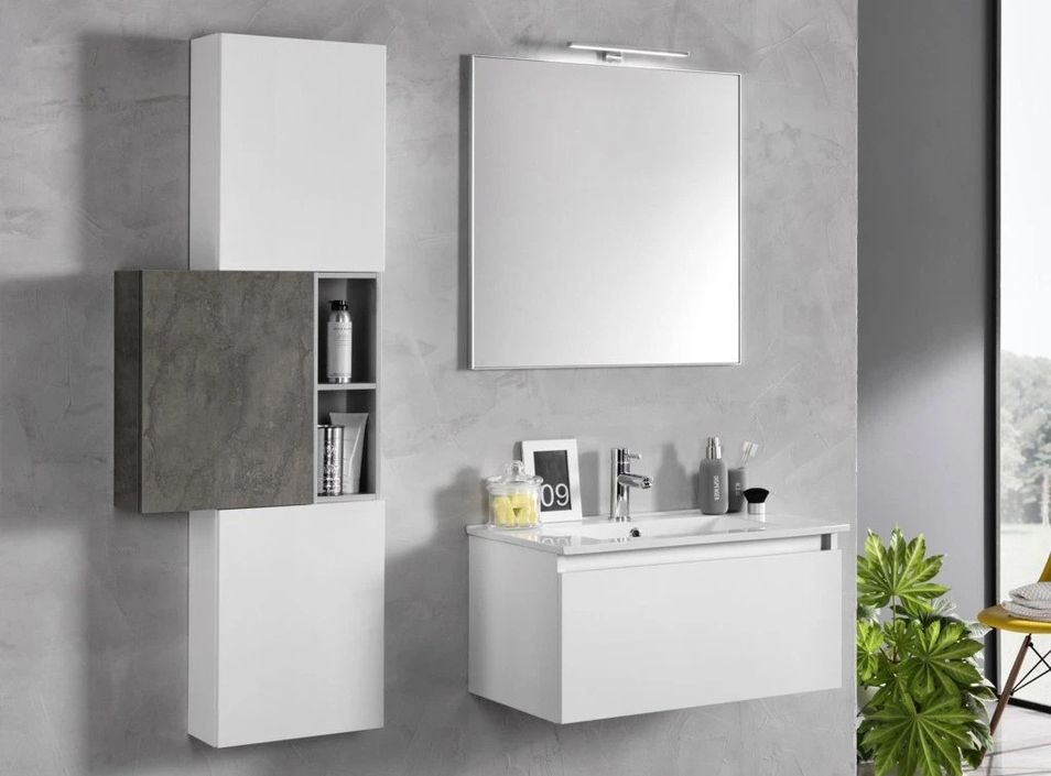 Ensemble meuble de salle de bain 3 armoires laqué blanc et gris oxyde avec vasque et miroir lumineux Teph L 70 cm - Photo n°1