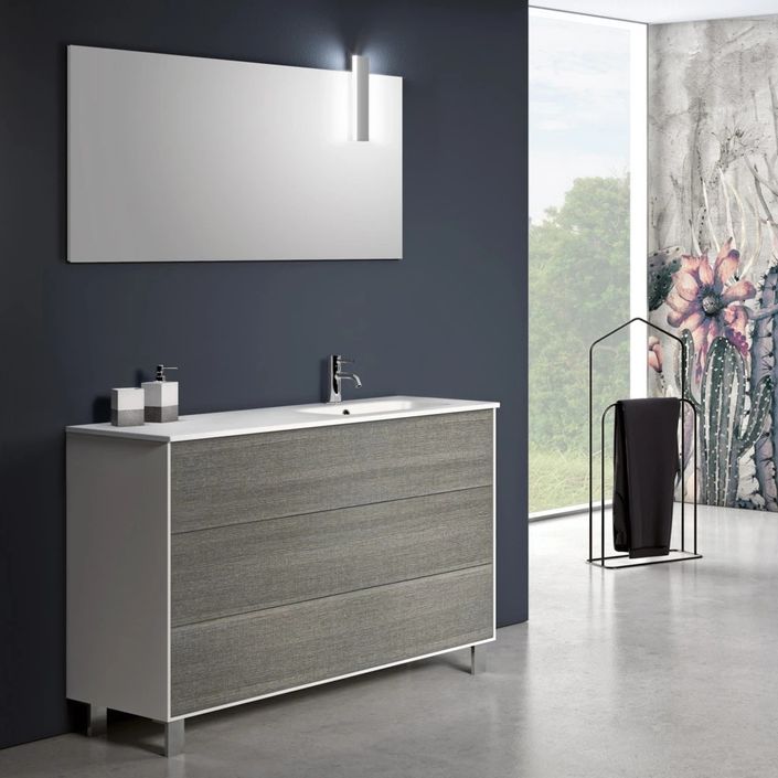 Ensemble meuble de salle de bain 3 tiroirs blanc et gris et miroir à LED Lago L 120 cm - Photo n°1