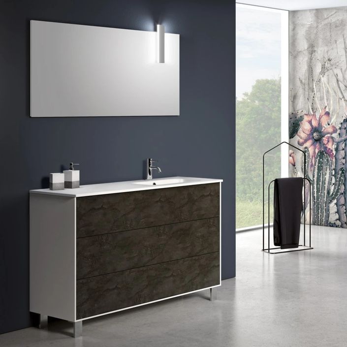 Ensemble meuble de salle de bain 3 tiroirs blanc et gris oxyde et miroir à LED Lago L 120 cm - Photo n°1