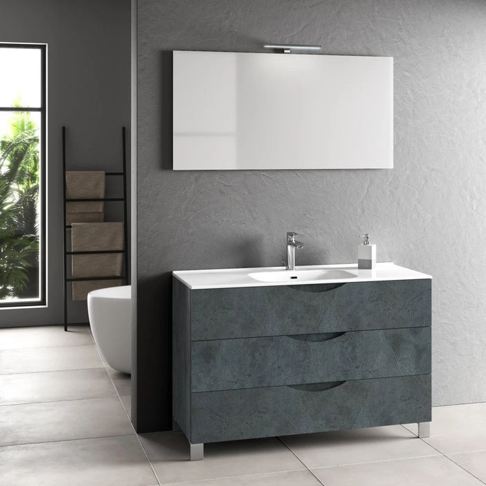 Ensemble meuble de salle de bain 3 tiroirs bleu effet pierre et miroir lumineux Olo L 120 cm - Photo n°1