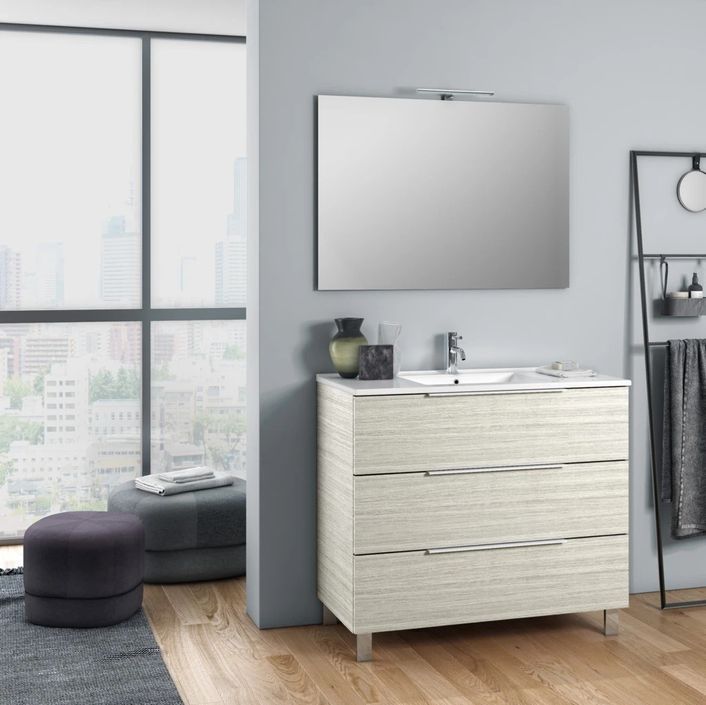 Ensemble meuble de salle de bain 3 tiroirs bois beige et miroir lumineux Malo L 100 cm - Photo n°1