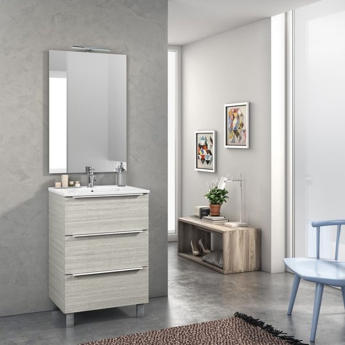 Ensemble meuble de salle de bain 3 tiroirs bois beige et miroir lumineux Malo L 60 cm - Photo n°1