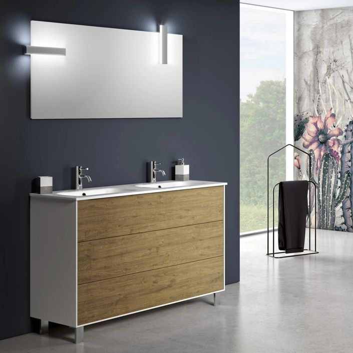 Ensemble meuble de salle de bain 3 tiroirs bois blanc et chêne clair et miroir à LED Lago L 120 cm - Photo n°1