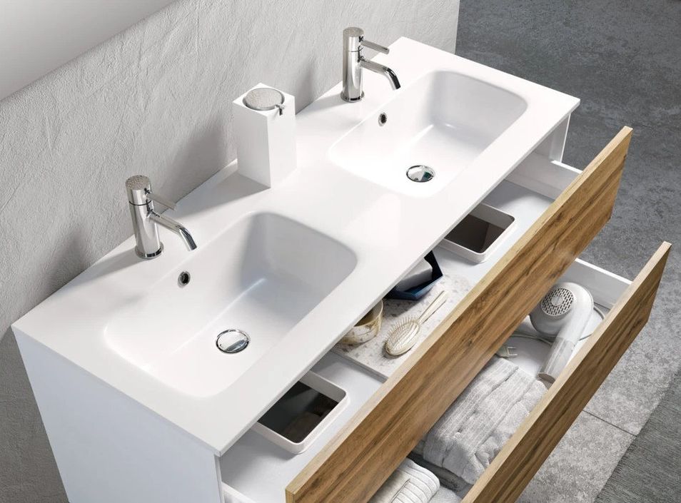 Ensemble meuble de salle de bain 3 tiroirs bois blanc et chêne clair et miroir à LED Lago L 120 cm - Photo n°4