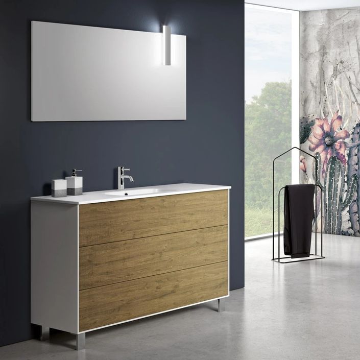 Ensemble meuble de salle de bain 3 tiroirs bois blanc et chêne et miroir à LED Lago L 120 cm - Photo n°1