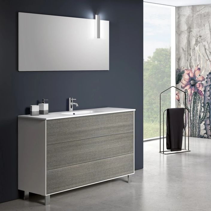 Ensemble meuble de salle de bain 3 tiroirs bois blanc et gris et miroir à LED Lago L 120 cm - Photo n°1