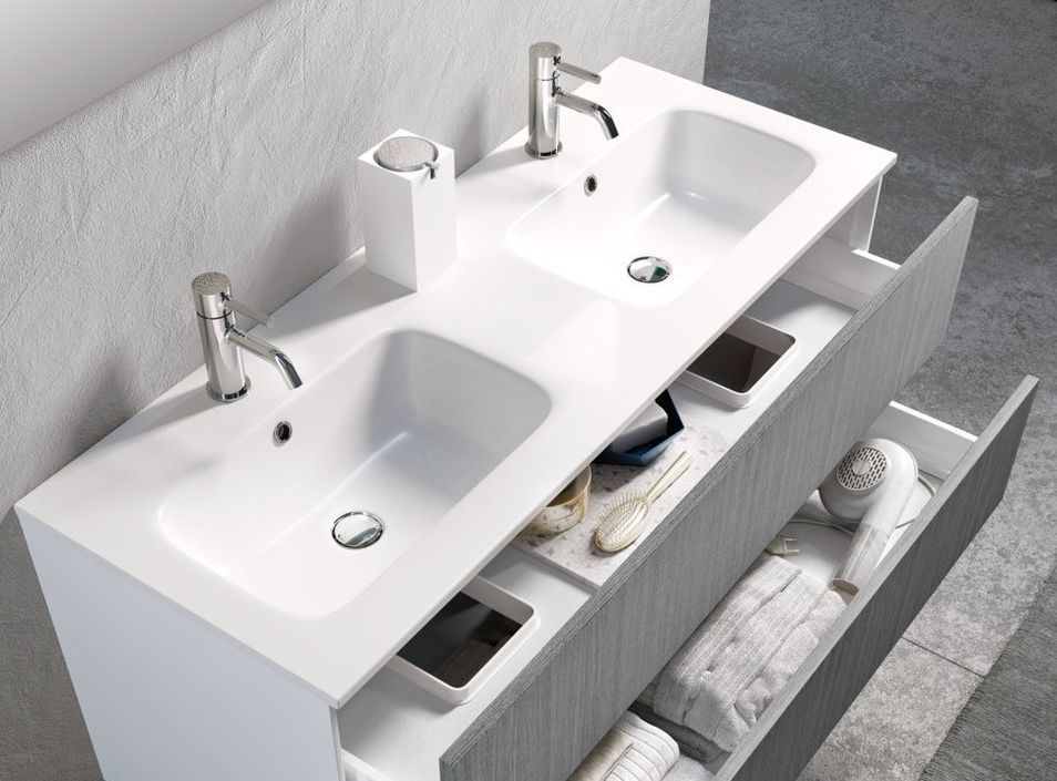 Ensemble meuble de salle de bain 3 tiroirs bois blanc et gris et miroir à LED Lago L 120 cm 2 - Photo n°4