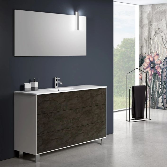 Ensemble meuble de salle de bain 3 tiroirs bois blanc et gris oxyde et miroir à LED Lago L 120 cm 2 - Photo n°1