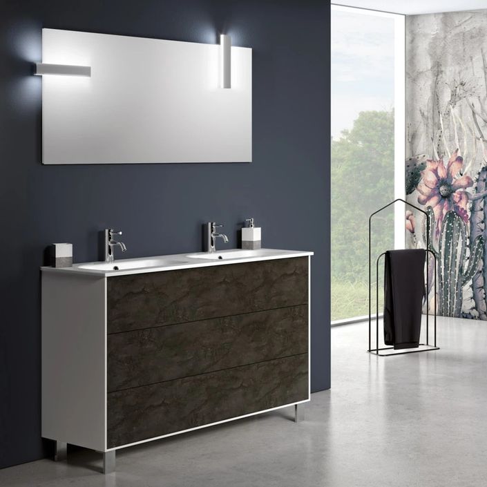 Ensemble meuble de salle de bain 3 tiroirs bois blanc et gris oxyde et miroir à LED Lago L 120 cm - Photo n°1