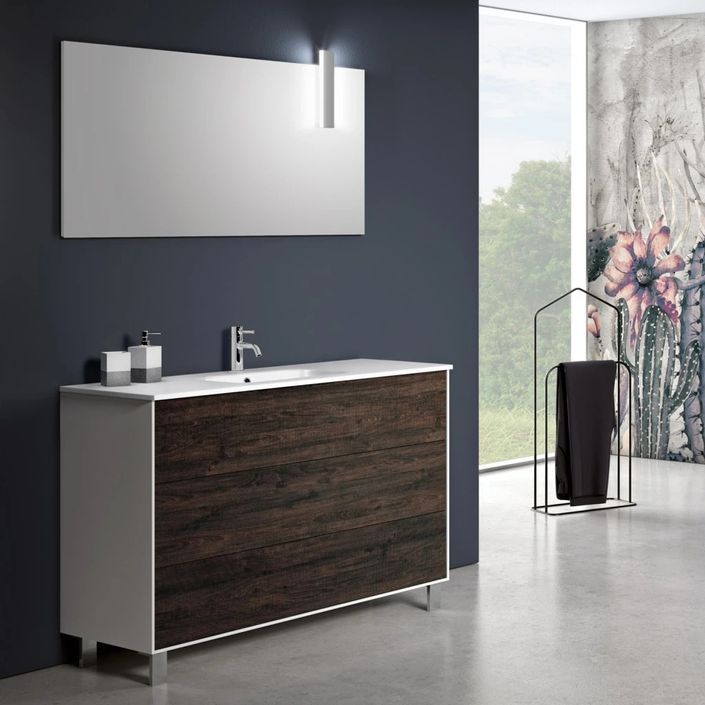 Ensemble meuble de salle de bain 3 tiroirs bois blanc et marron et miroir à LED Lago L 120 cm 2 - Photo n°1