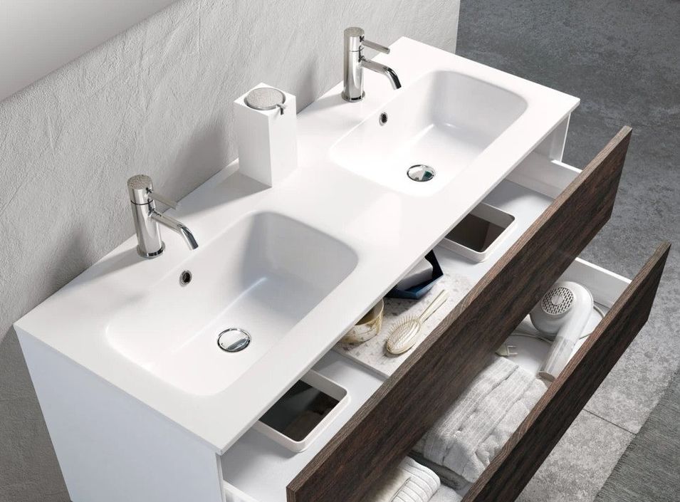 Ensemble meuble de salle de bain 3 tiroirs bois blanc et marron et miroir à LED Lago L 120 cm - Photo n°4