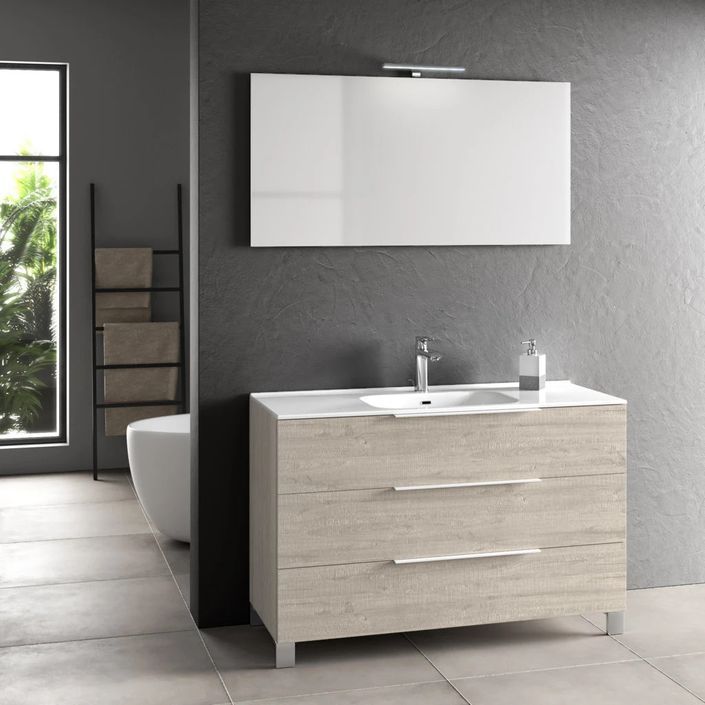 Ensemble meuble de salle de bain 3 tiroirs bois gris clair et miroir lumineux Malo L 120 cm - Photo n°1