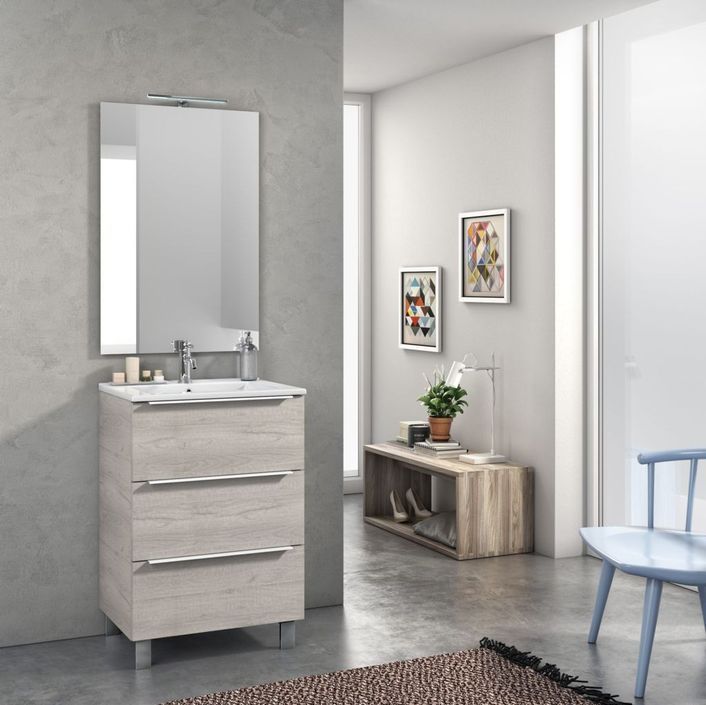 Ensemble meuble de salle de bain 3 tiroirs bois gris clair et miroir lumineux Malo L 60 cm - Photo n°1