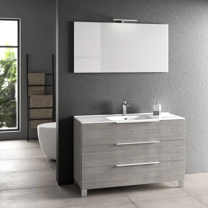 Ensemble meuble de salle de bain 3 tiroirs bois gris et miroir lumineux Malo L 120 cm - Photo n°1