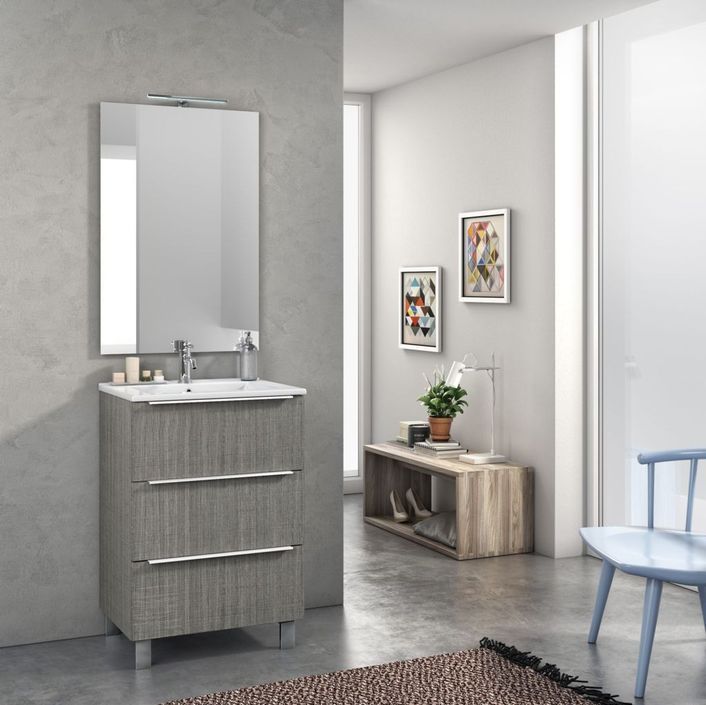 Ensemble meuble de salle de bain 3 tiroirs bois gris et miroir lumineux Malo L 60 cm - Photo n°1