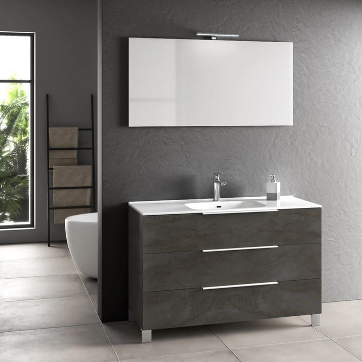 Ensemble meuble de salle de bain 3 tiroirs bois gris oxyde et miroir lumineux Malo L 120 cm - Photo n°1