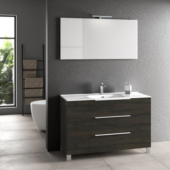 Ensemble meuble de salle de bain 3 tiroirs bois marron et miroir lumineux Malo L 120 cm - Photo n°1