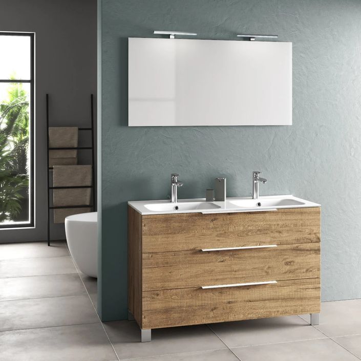 Ensemble meuble de salle de bain 3 tiroirs chêne clair double vasque et miroir à LED Molma L 120 cm - Photo n°1