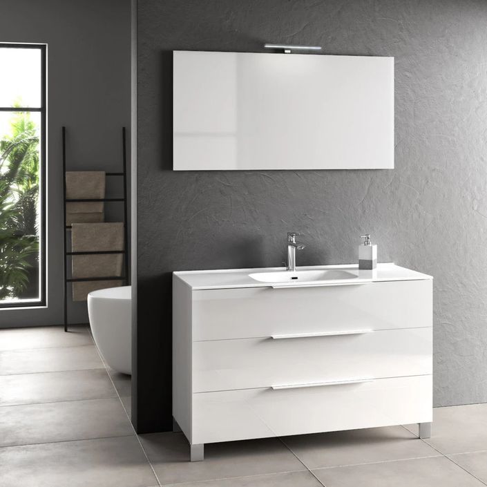 Ensemble meuble de salle de bain 3 tiroirs laqué blanc brillant et miroir lumineux Malo L 120 cm - Photo n°1