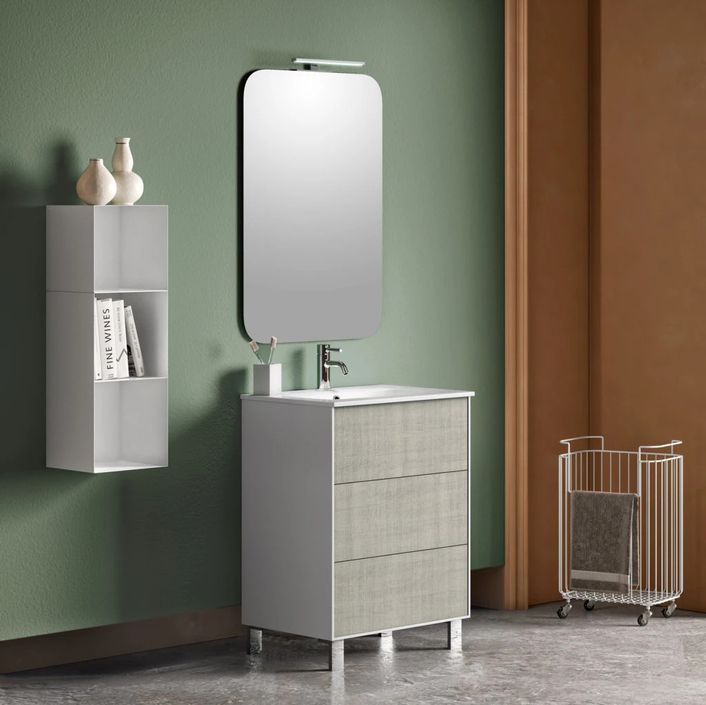 Ensemble meuble de salle de bain 3 tiroirs laqué blanc et beige et miroir lumineux Lago L 60 cm - Photo n°1