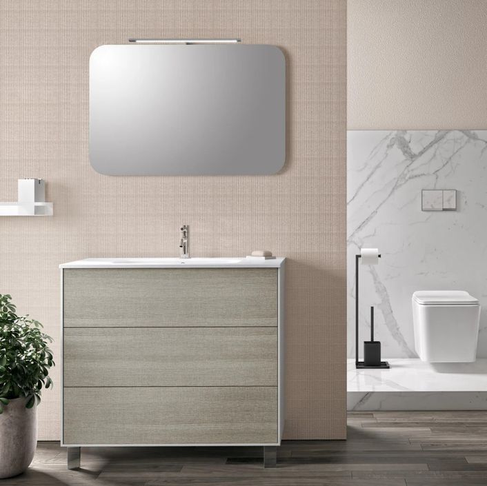 Ensemble meuble de salle de bain 3 tiroirs laqué blanc et beige et miroir lumineux Lago L 90 cm - Photo n°1