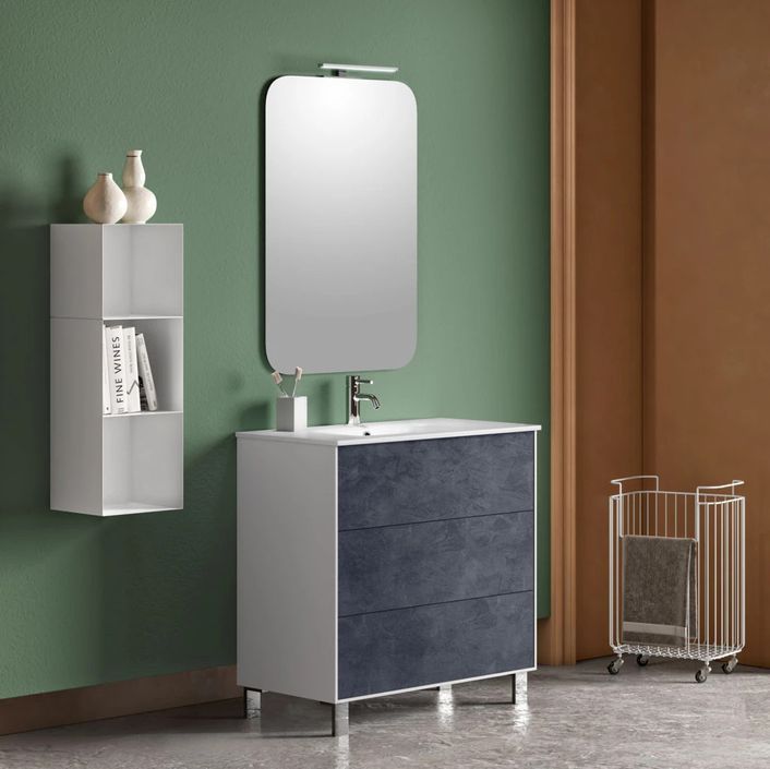 Ensemble meuble de salle de bain 3 tiroirs laqué blanc et bleu gris et miroir lumineux Lago L 80 cm - Photo n°1