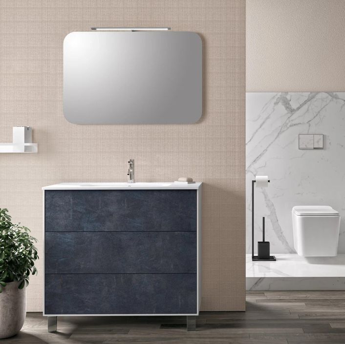 Ensemble meuble de salle de bain 3 tiroirs laqué blanc et bleu gris et miroir lumineux Lago L 90 cm - Photo n°1