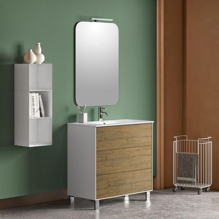 Ensemble meuble de salle de bain 3 tiroirs laqué blanc et chêne et miroir lumineux Lago L 80 cm - Photo n°1