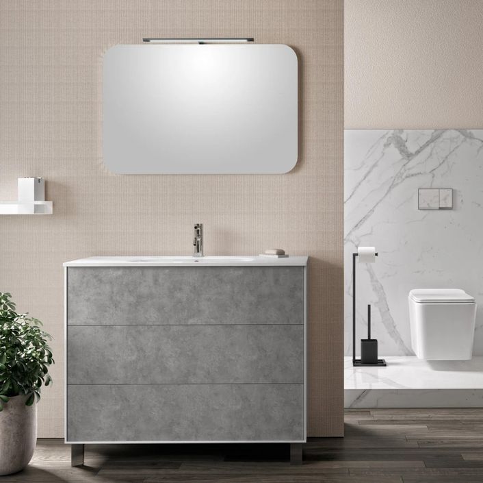 Ensemble meuble de salle de bain 3 tiroirs laqué blanc et effet béton et miroir à LED Oga L 100 cm - Photo n°1