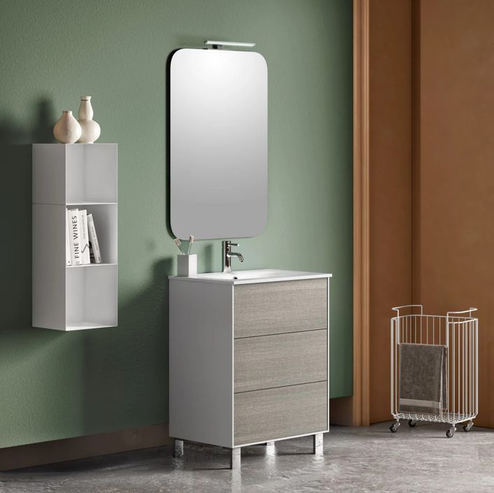 Ensemble meuble de salle de bain 3 tiroirs laqué blanc et gris et miroir lumineux Lago L 60 cm - Photo n°1