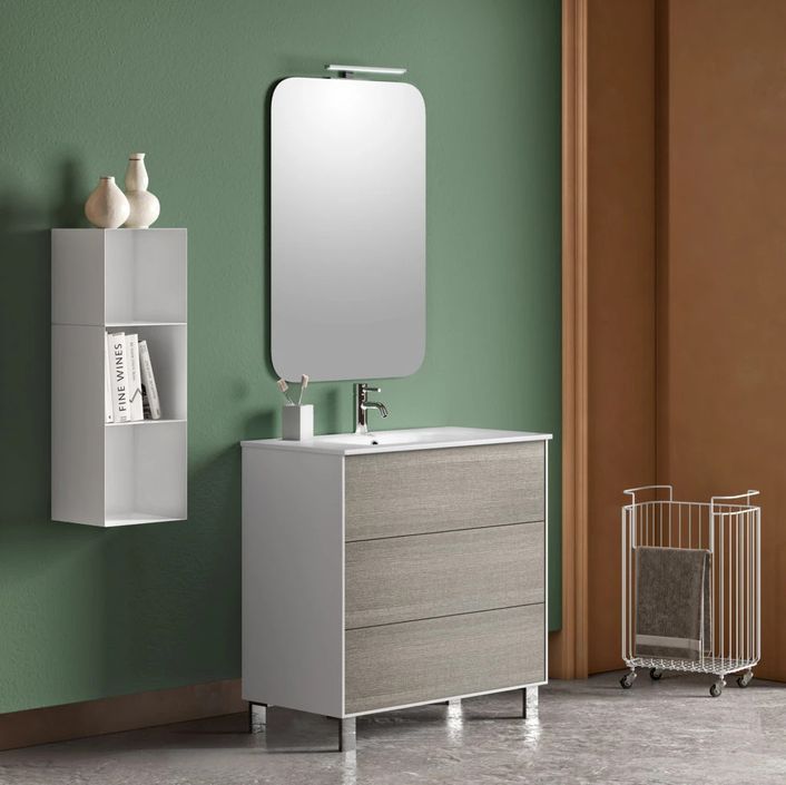 Ensemble meuble de salle de bain 3 tiroirs laqué blanc et gris et miroir lumineux Lago L 80 cm - Photo n°1