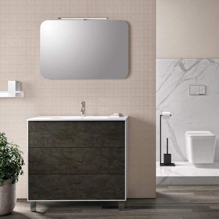 Ensemble meuble de salle de bain 3 tiroirs laqué blanc et gris oxyde et miroir lumineux Lago L 90 cm - Photo n°1