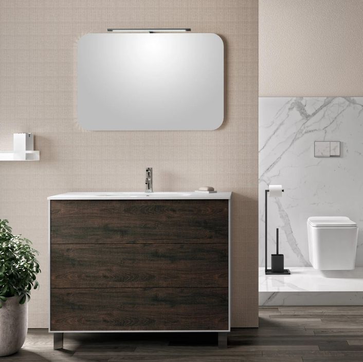 Ensemble meuble de salle de bain 3 tiroirs laqué blanc et marron et miroir à LED Oga L 100 cm - Photo n°1