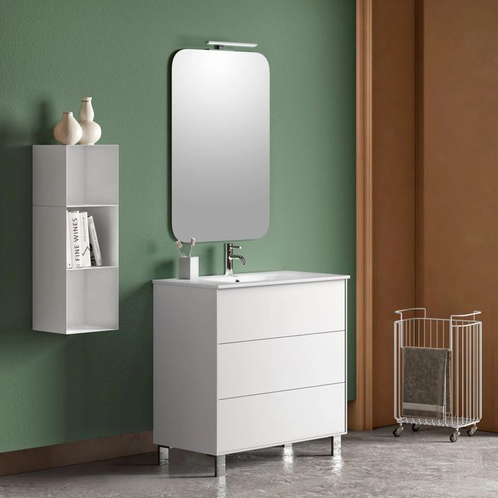 Ensemble meuble de salle de bain 3 tiroirs laqué blanc et miroir lumineux Lago L 80 cm - Photo n°1