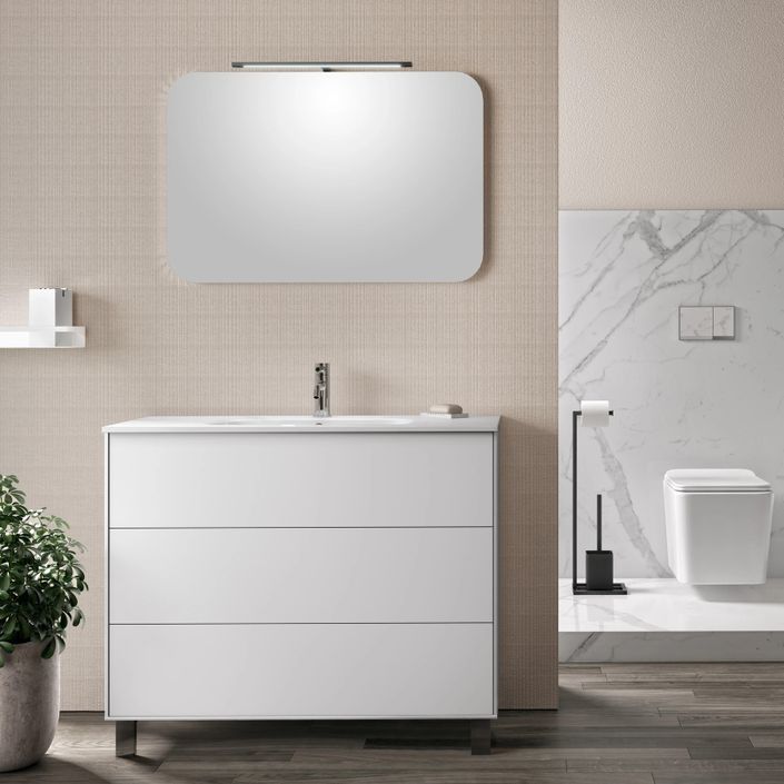 Ensemble meuble de salle de bain 3 tiroirs laqué blanc et miroir lumineux Lago L 90 cm - Photo n°1