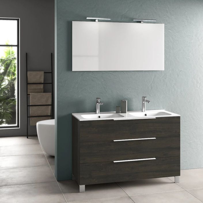 Ensemble meuble de salle de bain 3 tiroirs marron double vasque et miroir à LED Molma L 120 cm - Photo n°1