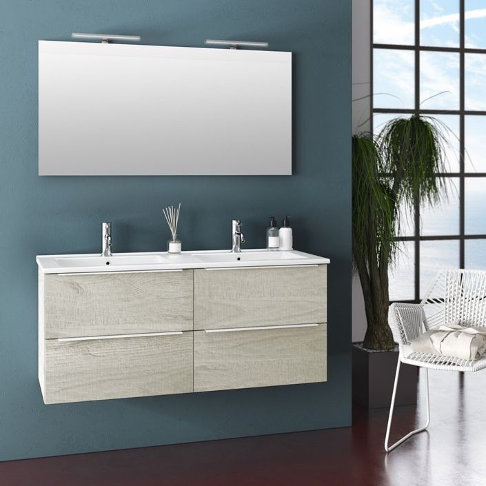 Ensemble meuble de salle de bain 4 tiroirs bois gris clair et miroir à LED Malo L 120 cm - Photo n°1