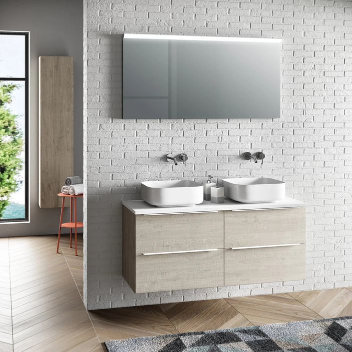 Ensemble meuble de salle de bain 4 tiroirs bois gris clair et miroir lumineux Malo L 120 cm - Photo n°1