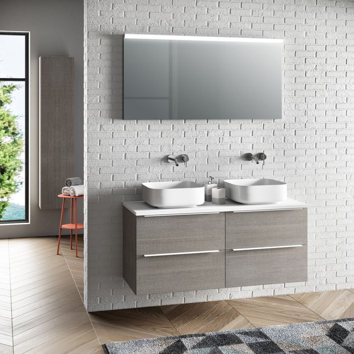 Ensemble meuble de salle de bain 4 tiroirs bois gris et miroir lumineux Malo L 120 cm - Photo n°1