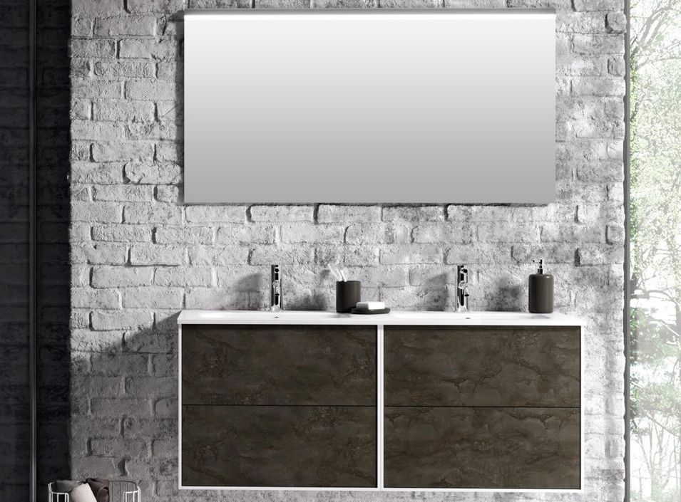 Ensemble meuble de salle de bain 4 tiroirs bois gris oxyde et miroir Lago L 120 cm - Photo n°1