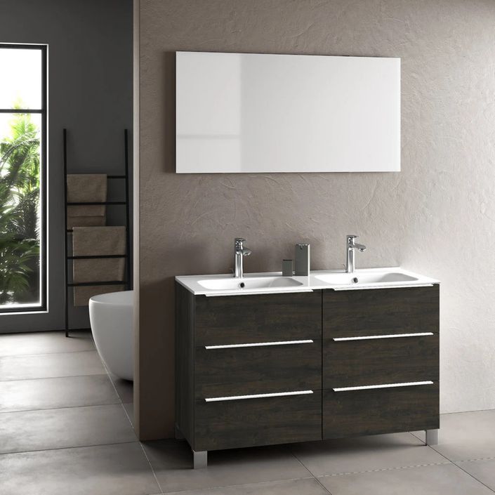 Ensemble meuble de salle de bain 6 tiroirs bois marron foncé et miroir Malo L 120 cm - Photo n°1